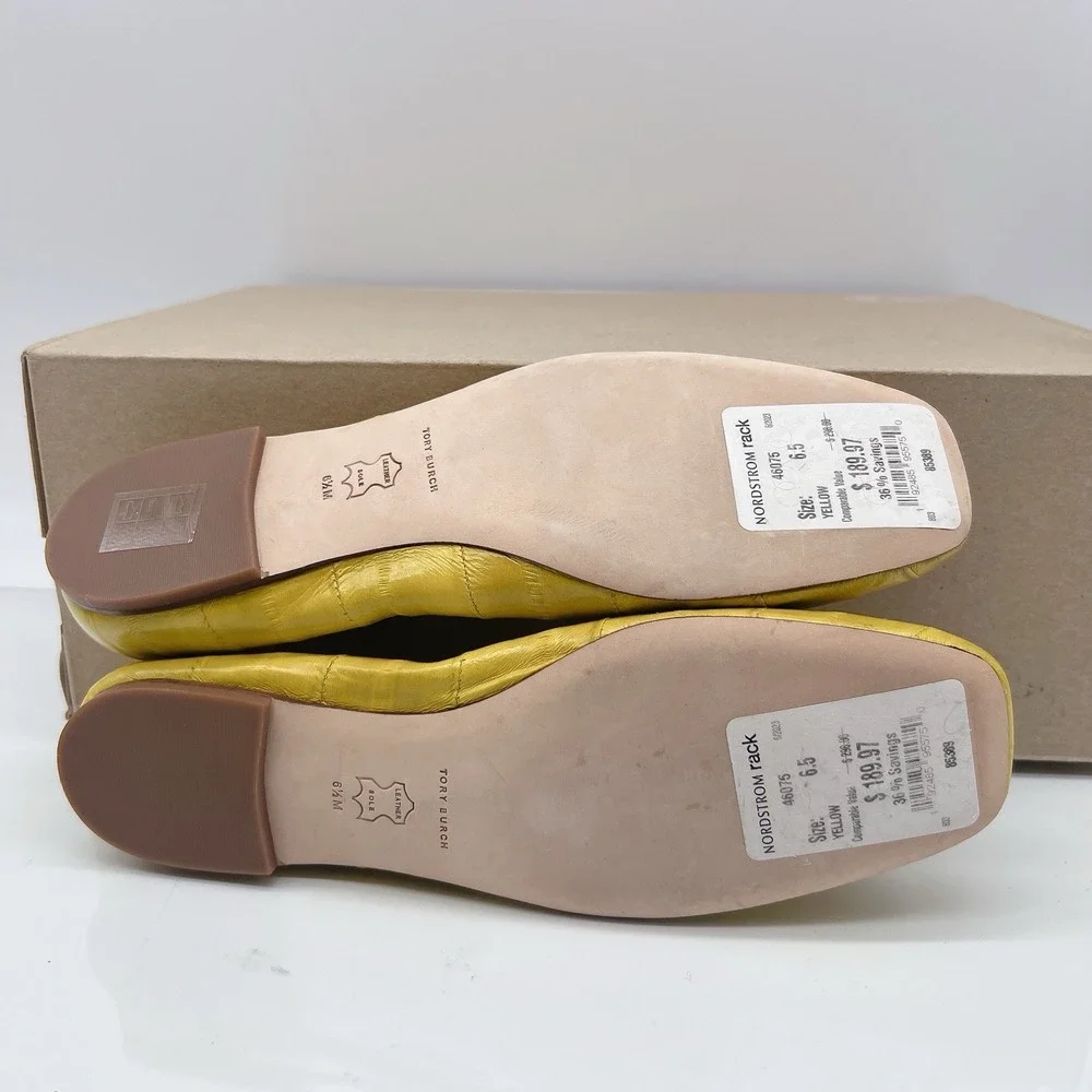 Tory Burch Georgia Women's Ballet Flats Square Toe Logo Yellow Leather US 6.5